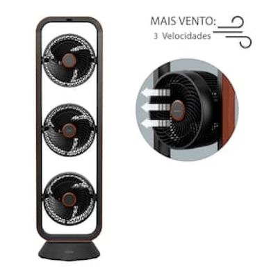 Ventilador de Torre Spirit Robot Triplo 130W com 3 Velocidades, Controle Remoto e Painel Digital com Display LED - Preto/Tabaco Preto / 220