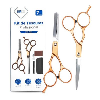 Kit Tesouras Profissional Dourada Com Estojo Para Corte