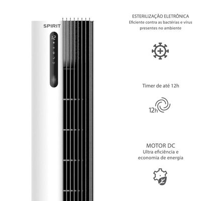 Ventilador de Torre 110cm Spirit Esterilizador com 12 velocidades, Controle Remoto e Timer de até 12 horas, Branco – Bivolt