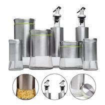 Kit Porta Condimentos e Galheteiros em Aço Inox com Base Organizada – Elegância e Praticidade | Conjunto 7 Peças