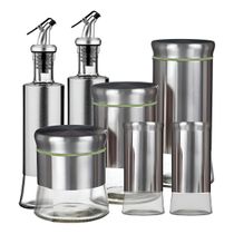 Kit Porta Condimentos e Galheteiros em Aço Inox com Base Organizada – Elegância e Praticidade | Conjunto 7 Peças