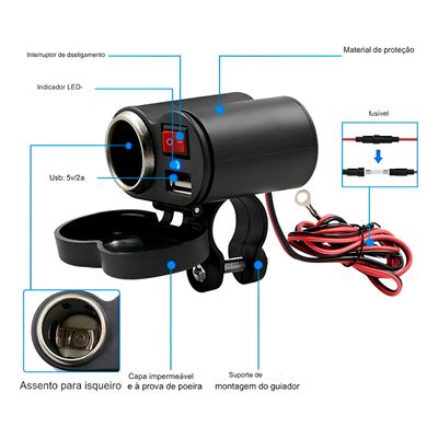 Tomada USB para Moto 12v Carregador Acendedor  - Tomada USB e Isqueiro para Moto