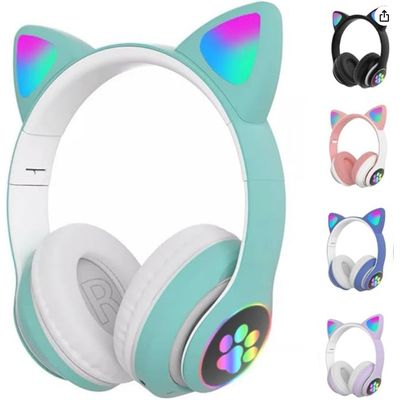 Fone Headset Bluetooth Colorido Com LED Sem Fio Gatinho Cor:Verde Claro