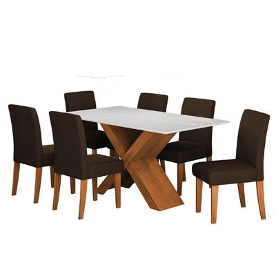 Conjunto De Mesa Sala De Jantar Tampo Com Vidro Grécia 6 Cadeiras Trieste Dobuê Madeirado/chocolate