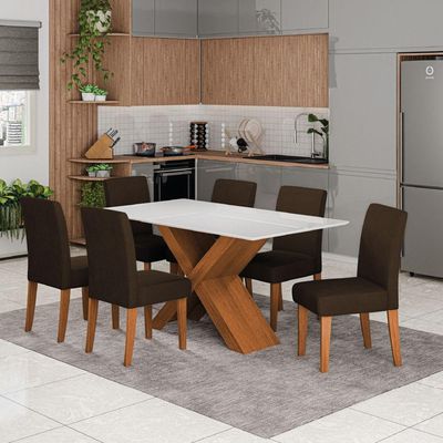 Conjunto De Mesa Sala De Jantar Tampo Com Vidro Grécia 6 Cadeiras Trieste Dobuê Madeirado/chocolate