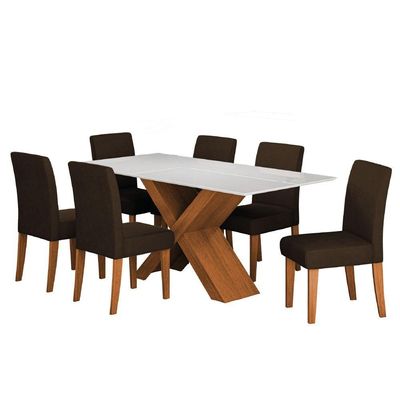Conjunto De Mesa Sala De Jantar Tampo Com Vidro Grécia 6 Cadeiras Trieste Dobuê Madeirado/chocolate