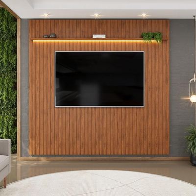 Painel Para Tv Até 85 Polegadas Ripado Autêntico Com Led E Prateleira Montreal Madeirado