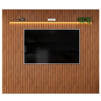 Painel Para Tv Até 90 Polegadas Ripado Autêntico Com Led E Prateleira Montreal Madeirado