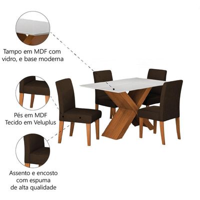 Conjunto De Mesa Sala De Jantar Tampo Com Vidro Grécia 4 Cadeiras Trieste Dobuê Madeirado/chocolate