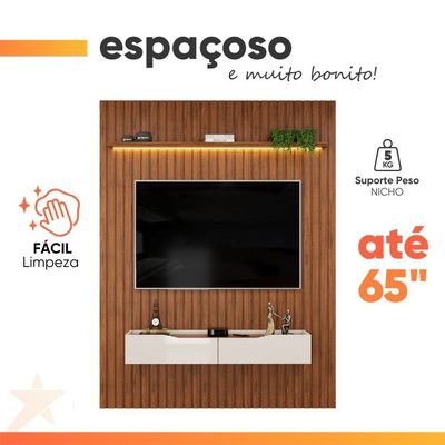Painel Para Tv Até 65" 1,83m Ripado com Led Montreal com Nicho Madeirado/Off White