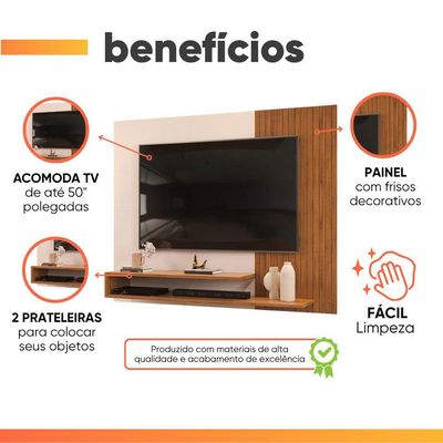 Painel Para Tv Até 50 Polegadas Detalhe Frisado Com Prateleiras Gael Madeirado/off White