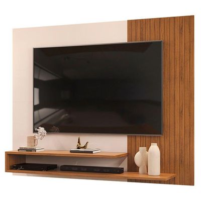 Painel Para Tv Até 50 Polegadas Detalhe Frisado Com Prateleiras Gael Madeirado/off White