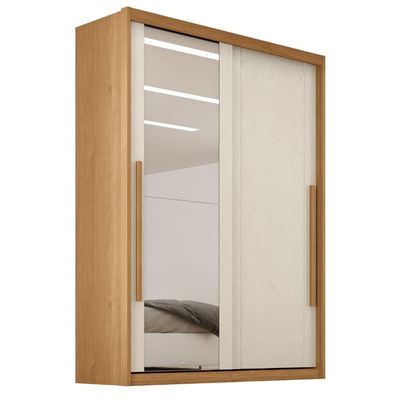 Guarda Roupas Casal 2 Portas De Correr Com Espelho 100% Mdf 3 Gavetas Ravena Madeirado / Areia