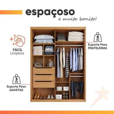 Guarda Roupas Casal 2 Portas De Correr Com Espelho 100% Mdf 3 Gavetas Ravena Madeirado / Areia