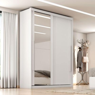 Guarda Roupas Casal 2 Portas De Correr Com Espelho 100% Mdf 3 Gavetas Ravena Branco