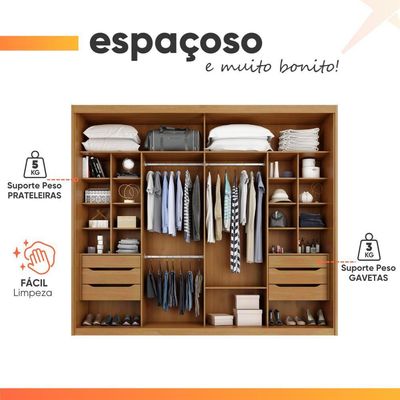 Guarda Roupas Casal 2 Portas De Correr Com Espelho 100% Mdf 6 Gavetas Firenze Madeirado / Areia