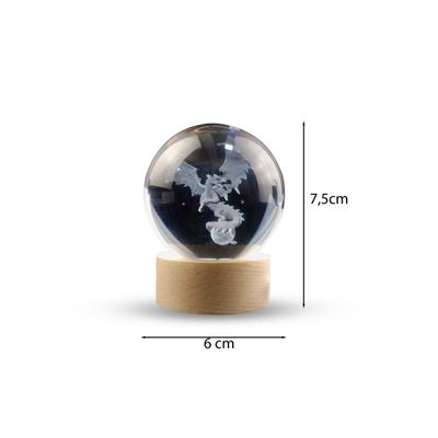 Luminária Abajur Globo Dragão LED USB Enfeite Decorativo Esfera de Vidro 3D Base de Madeira