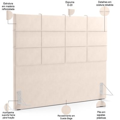Kit Cabeceira Cama Box Queen 160cm com Calçadeira Roma W01 Suede Bege - Lyam