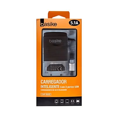 Carregador Rápido Celular 3 USB Micro USB V8 5.1A Cor Preto