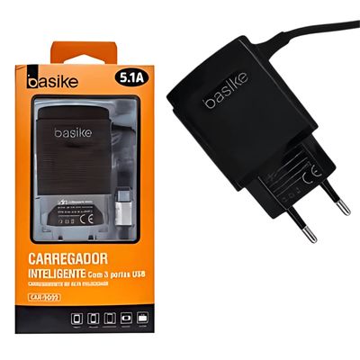 Carregador Rápido Celular 3 USB Micro USB V8 5.1A Cor Preto