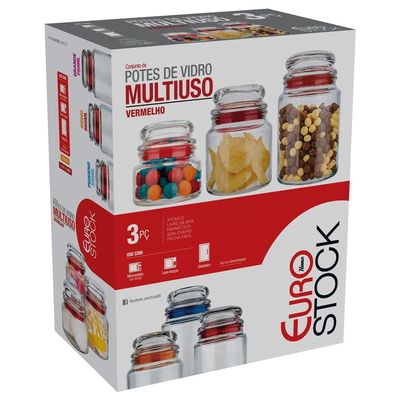 Conjunto de Potes Multiuso Euro Home Transparente/Vermelho em Vidro e PVC  3 Peças