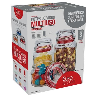 Conjunto de Potes Multiuso Euro Home Transparente/Vermelho em Vidro e PVC  3 Peças