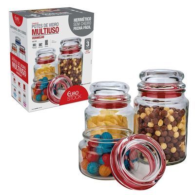 Conjunto de Potes Multiuso Euro Home Transparente/Vermelho em Vidro e PVC  3 Peças