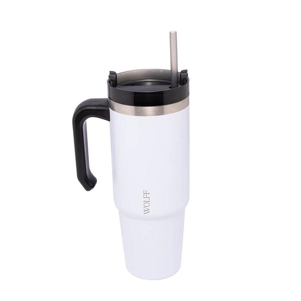 Caneca Térmica Wolff SlimTerm 890ml com Canudo, Parede Dupla e Base Ergonômica Branca Branco