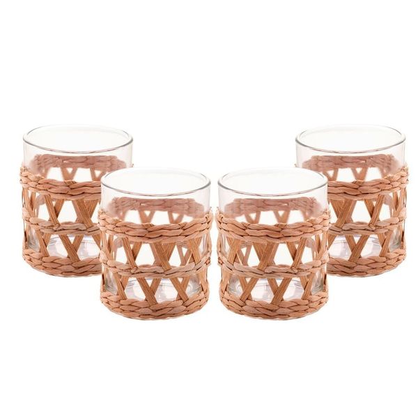 Conjunto 4 Copos Baixos Wolff 320ml Vidro com Sisal Natural Design Rústico Transparente