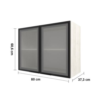 Armário Aéreo Bartira Rubi com 2 Portas de Vidro, 1 Prateleira e 80cm de Largura - Freixo/Preto Poah