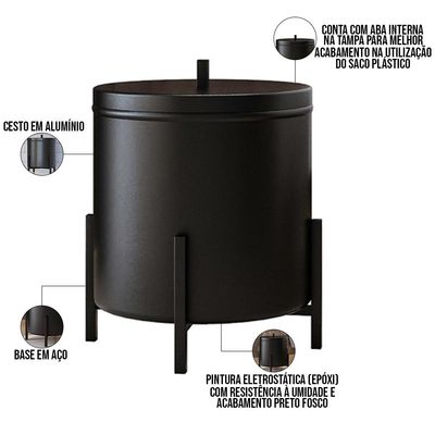 Kit 02 Lixeiras Com Tampa Multiuso Aço Alumínio 06 Litros Kalli D01 Preto Fosco - Lyam Decor