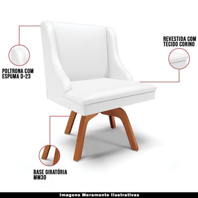 Kit 4 Cadeiras Decorativas Sala de Jantar Base Giratória de Madeira Firenze PU Branco Fosco/Natural G19 - Gran Belo