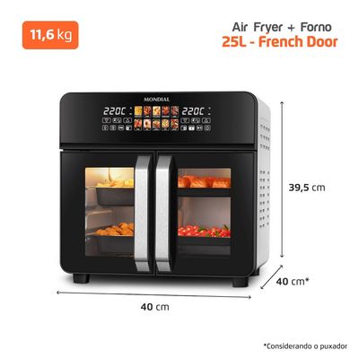 Air Fryer Forno 25L French Door Mondial Preto/Inox 2000W - AFDO-25L-FD 127V