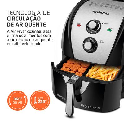 Fritadeira Sem Óleo Air Fryer 8L Mondial Preto/Inox 1900W - AFD-80-BI 220V