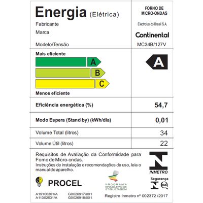 Micro-ondas Continental Branco 34 Litros com Função Descongelar (MC34B) 127V
