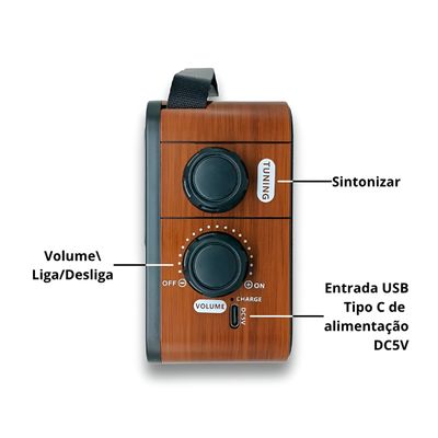 Rádio Bluetooth Vintage Retrô com Lanterna LED, Alto-Falante 3” e Bateria Recarregável – FM/AM/SW
