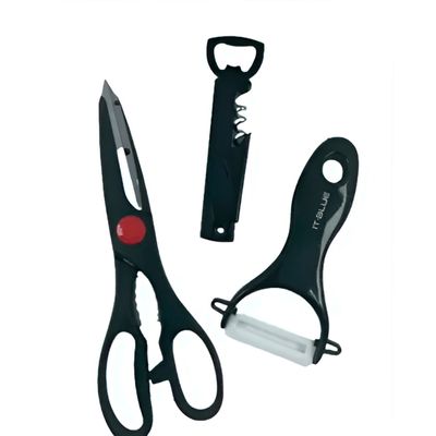Kit de Utensílios de Cozinha 3 Peças – Tesoura, Descascador e Abridor | Praticidade e Elegância