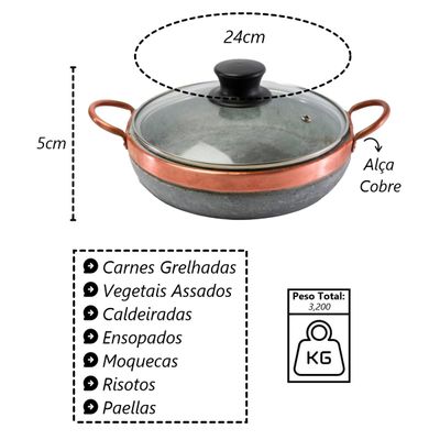 Paella Pedra Sabão Alça de Cobre com Tampa de Vidro G 24x5cm