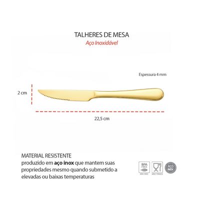 Faca de Mesa Serrilhada Dourada Ouro Talher Inox Jogo 6un