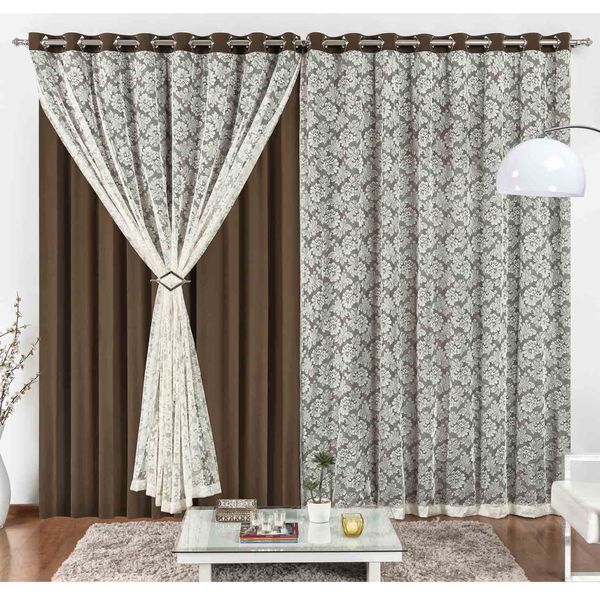 Cortina Yasmin 2 Metros Tabaco Tecido Malha Com Renda Floral Sala ou Quarto