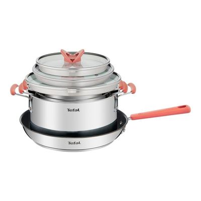 Jogo de Panelas 4 Peças Tefal OptiSpace Revestimento Antiaderente Tampas de Vidro Inox
