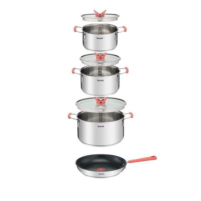 Jogo de Panelas 4 Peças Tefal OptiSpace Revestimento Antiaderente Tampas de Vidro Inox
