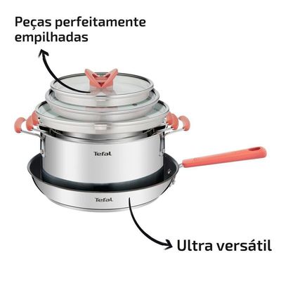Jogo de Panelas 4 Peças Tefal OptiSpace Revestimento Antiaderente Tampas de Vidro Inox