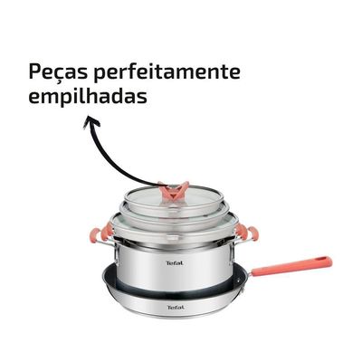 Jogo de Panelas 4 Peças Tefal OptiSpace Revestimento Antiaderente Tampas de Vidro Inox