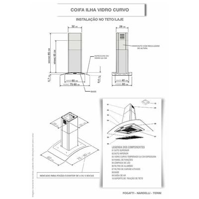 Coifa Terim Ilha Teto Vidro Curvo Black 75 cm Preto 220V