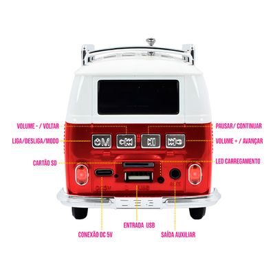 Caixinha de Som Formato Carro Kombi Bluetooth USB Cor:Preto