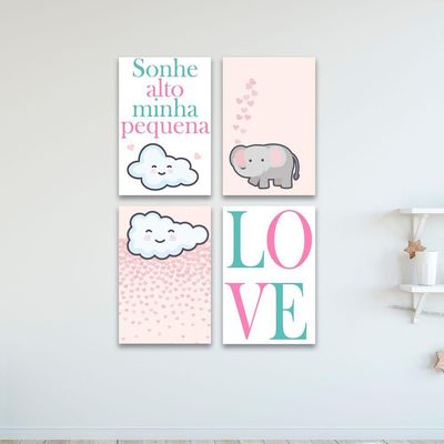 Kit 4 Placas Decorativas Infantil Menina Frases Mdf 20x30 Cm