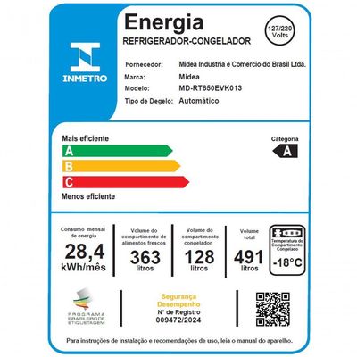 Geladeira Frost Free Duplex 491L Inverter Branca Midea MD-RT650EVK013 - Bivolt