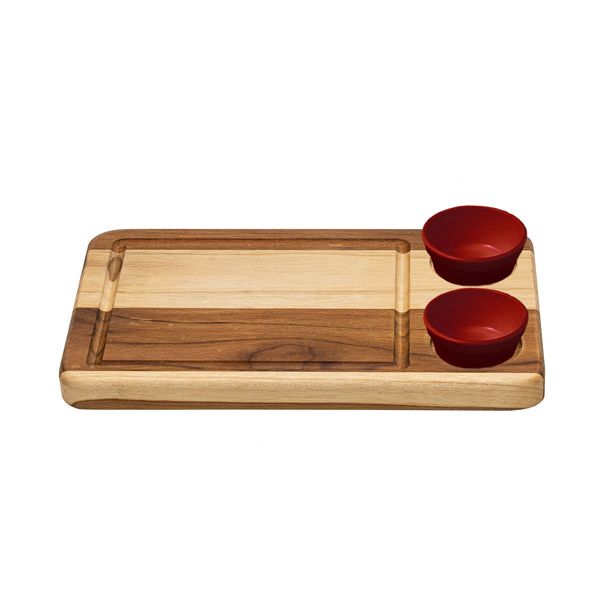 Tábua Retangular Wooden Glow 30x19cm em Madeira Teca com 2 Ramequins Vermelhos
