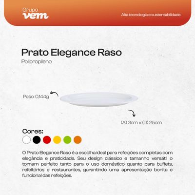Prato Elegance Raso Redondo 25cm Preto em Polipropileno